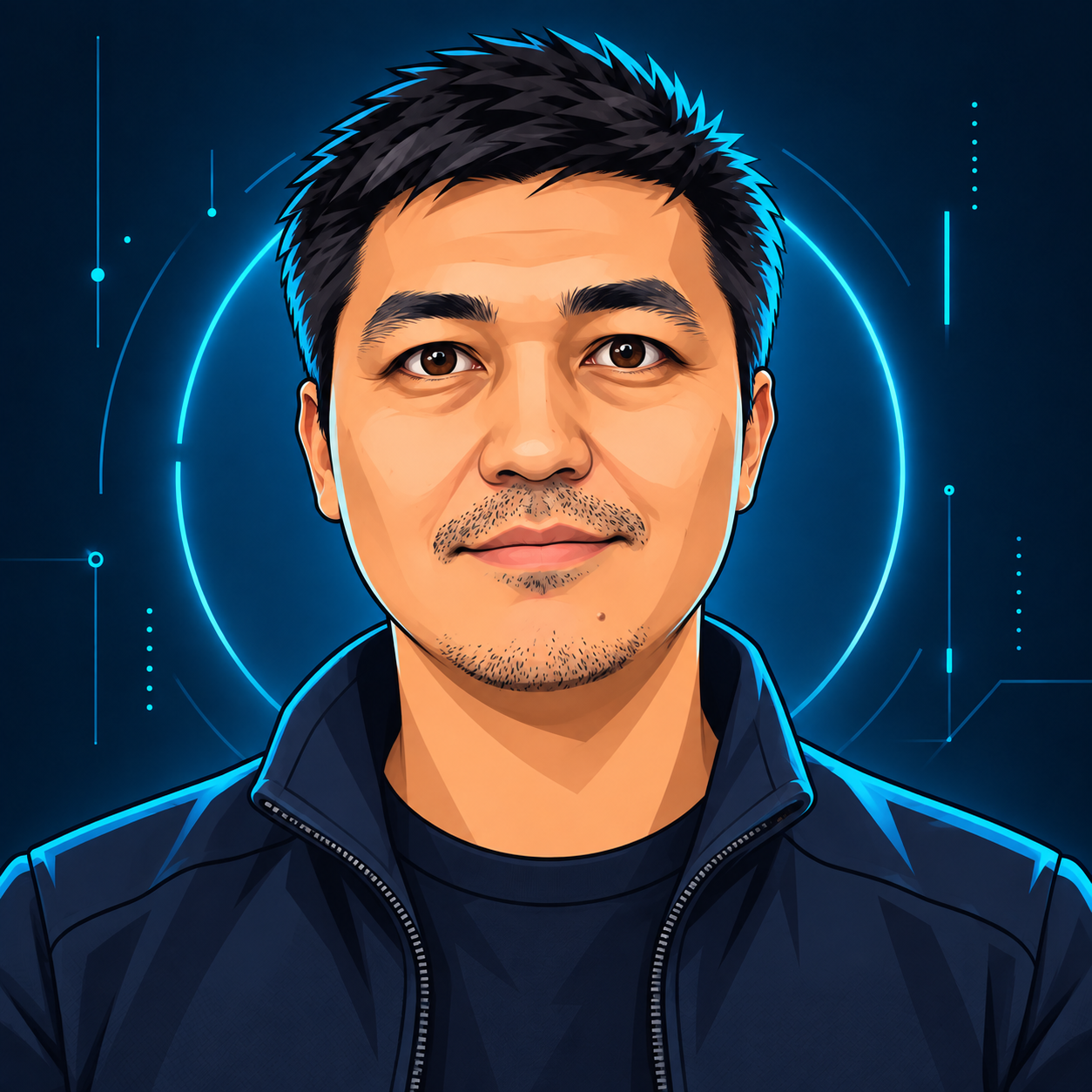 High-tech cartoon portrait of Anvar Jumabaev with a glowing cyan backdrop